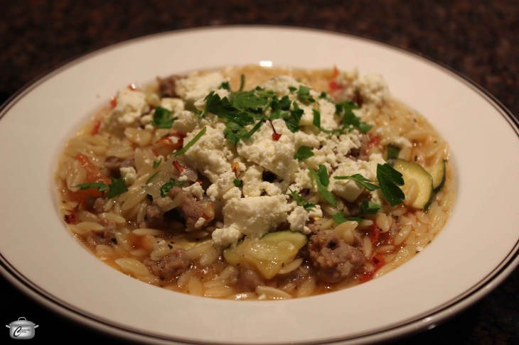 Sausage and vegetables blended with al-dente orzo make a delicious 'meal in a dish'.