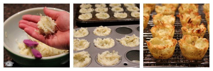 When shaping your nests in the muffin tins, be sure to use enough potato that there are no holes in the structure.