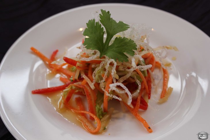 Crispy aromatic green papaya salad with fried vermicelli and a miso ginger vinaigrette. Absolutely delectable.