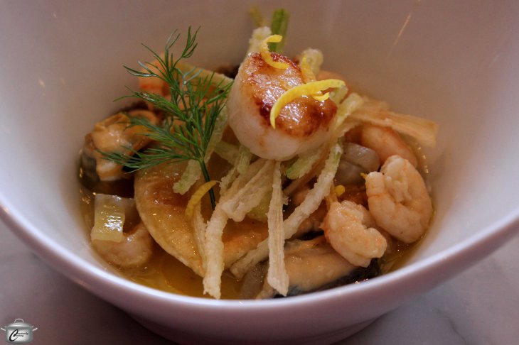 Charles Part from Les Fougères served a heavenly chowder composed of seared scallop and potted shrimp with salt cod ravioli and mussels. 