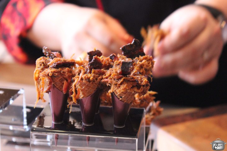 Steph the Grilling Gourmet served up Hickory and Apple Wood Smoked Pulled Pork Cones topped with Candied Bacon and Drizzled with a Bourbon Whiskey BBQ Sauce 