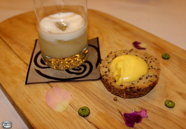 Vodka sour infused with daisy buds, fennel, coriander, dill seeds and juniper berries alongside a chia seed pastry filled with lemon and golden beet curd.
