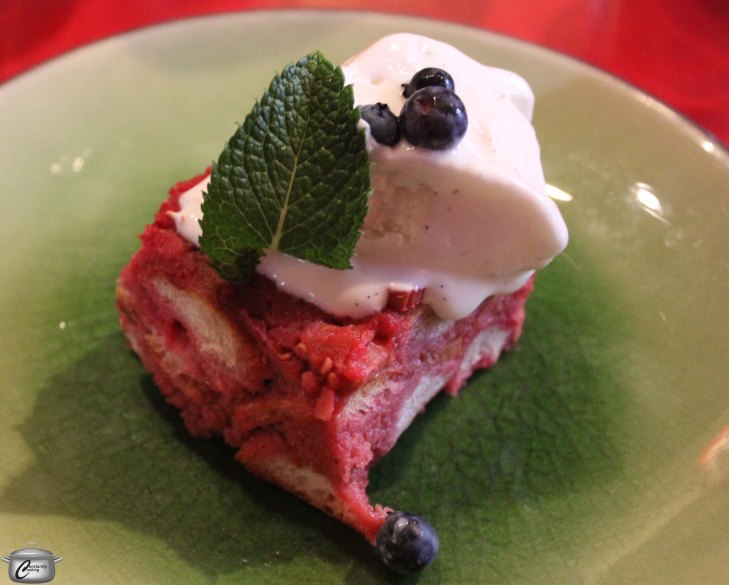 Ontario rhubarb and strawberry pudding with nitro Greek yogurt-vanilla sorbet