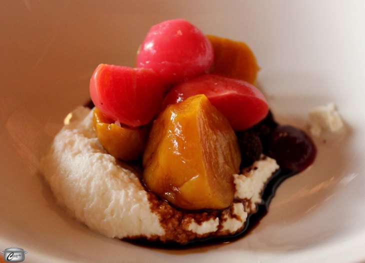 Ian Reed offered up Beet Salad three ways, including pickled chioggas, roasted golden and red beet puree, nestled on coffee-juniper 'soil' with whipped C'est Bon chevre and aged balsamic. The wine pairing was Trumpour's Mill 2009 Pinot Noir.