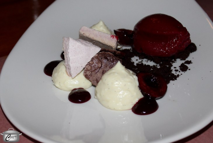 Ian Reed's inventive spin on Black Forest Cheesecake included sous-vide mascarpone and lemon, dehydrated chocolate mousse, cherry gel, cherry sorbet and dehydrated cherry-chocolate crumble. A tasty 2010 Spiced Pinot Noir was an unexpected yet delicious pairing.