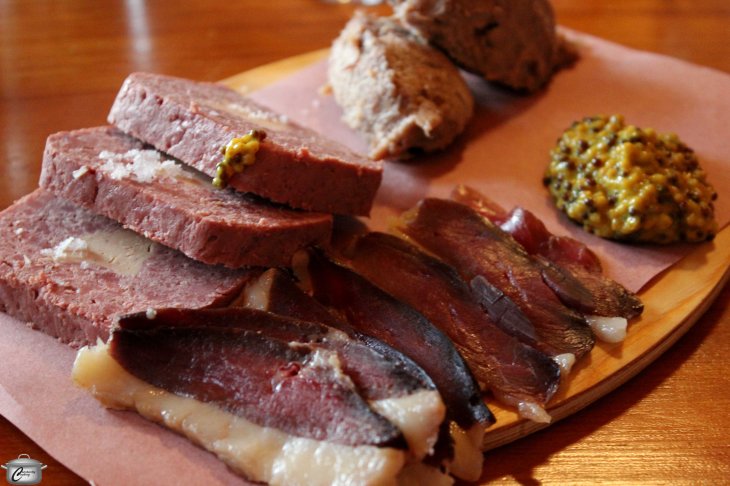 The meal began with a beautiful charcuterie platter consisting of duck terrine with foie gras, duck proscuitto and dick rillettes, along with homemade mustard. This course was paired with a lovely Fume Blanc.