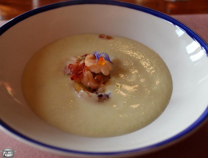 Kyle Mortimer-Proulx served up a beautiful and delicious corn bisque featuring charred corn, butter-poached lobster, salmon roe, cornflowers and jalapeno oil. A 2009 Select Chardonnay with rich, sweet-smoky notes was the perfect pairing.