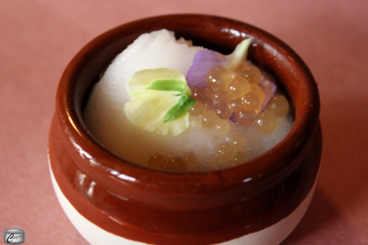 The palate cleanser was a fabulous Riesling sorbet prepared by Adam Bannerman featuring pickled apple pearls and viola blossoms. It was served with a 2013 Sparkling Late Harvest Riesling.