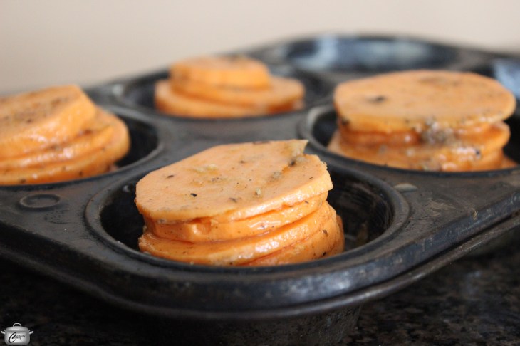 Spiced sweet potato stacks ready to bake