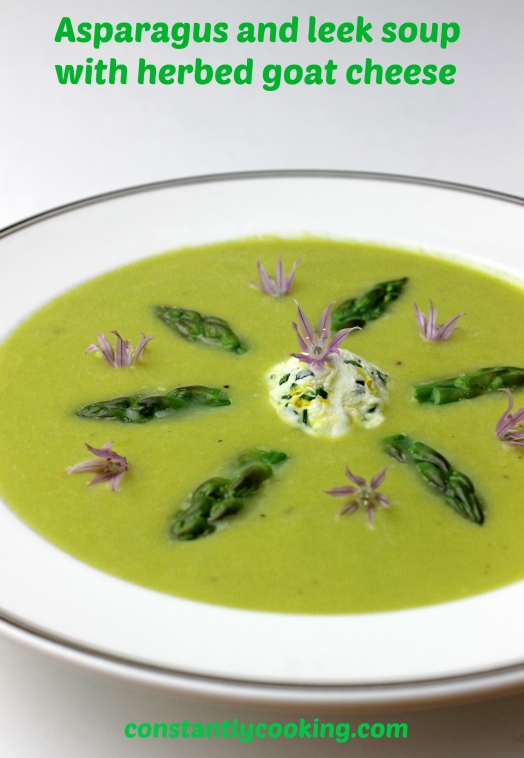 asparagus and leek soup with herbed goat cheese
