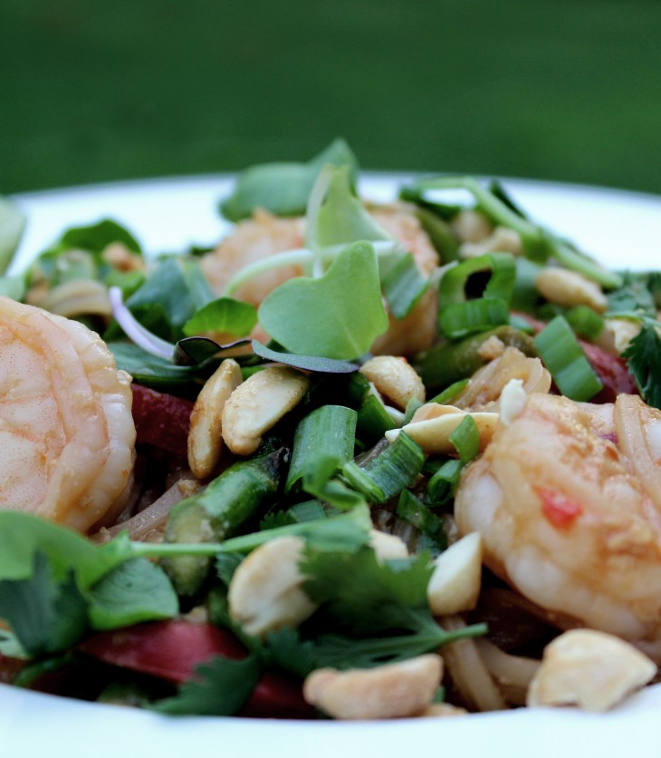 Pad Thai with shrimp asparagus and pea shoots