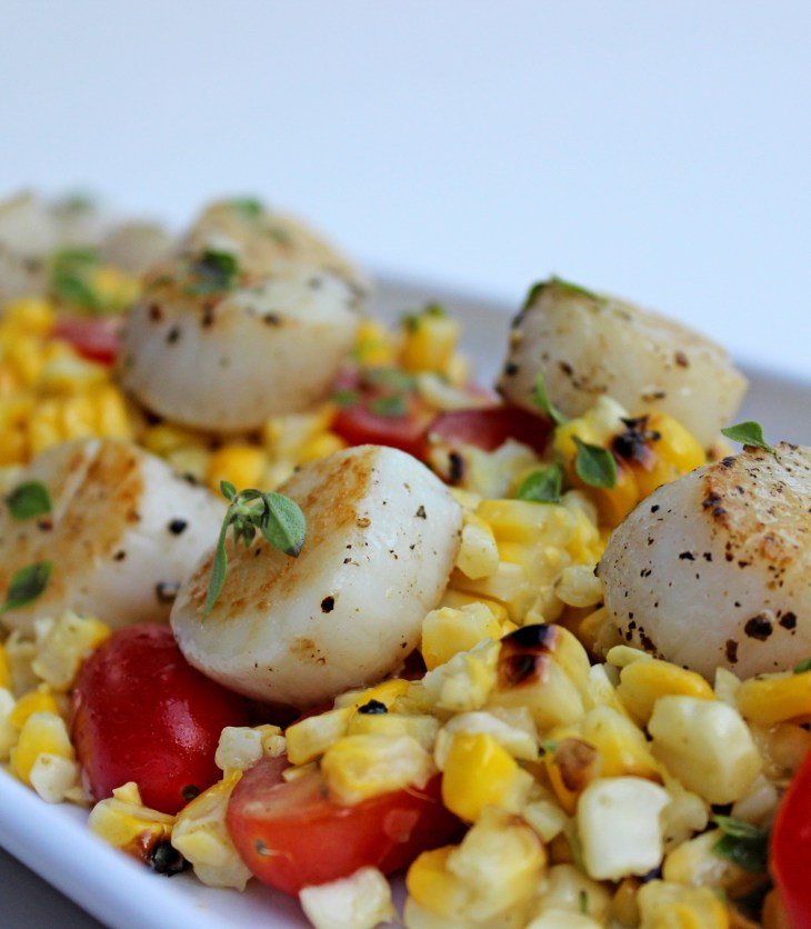grilled corn on the copy grape tomatoes caper vinaigrette and seared scallops