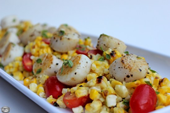 grilled corn on the copy grape tomatoes caper vinaigrette and seared scallops
