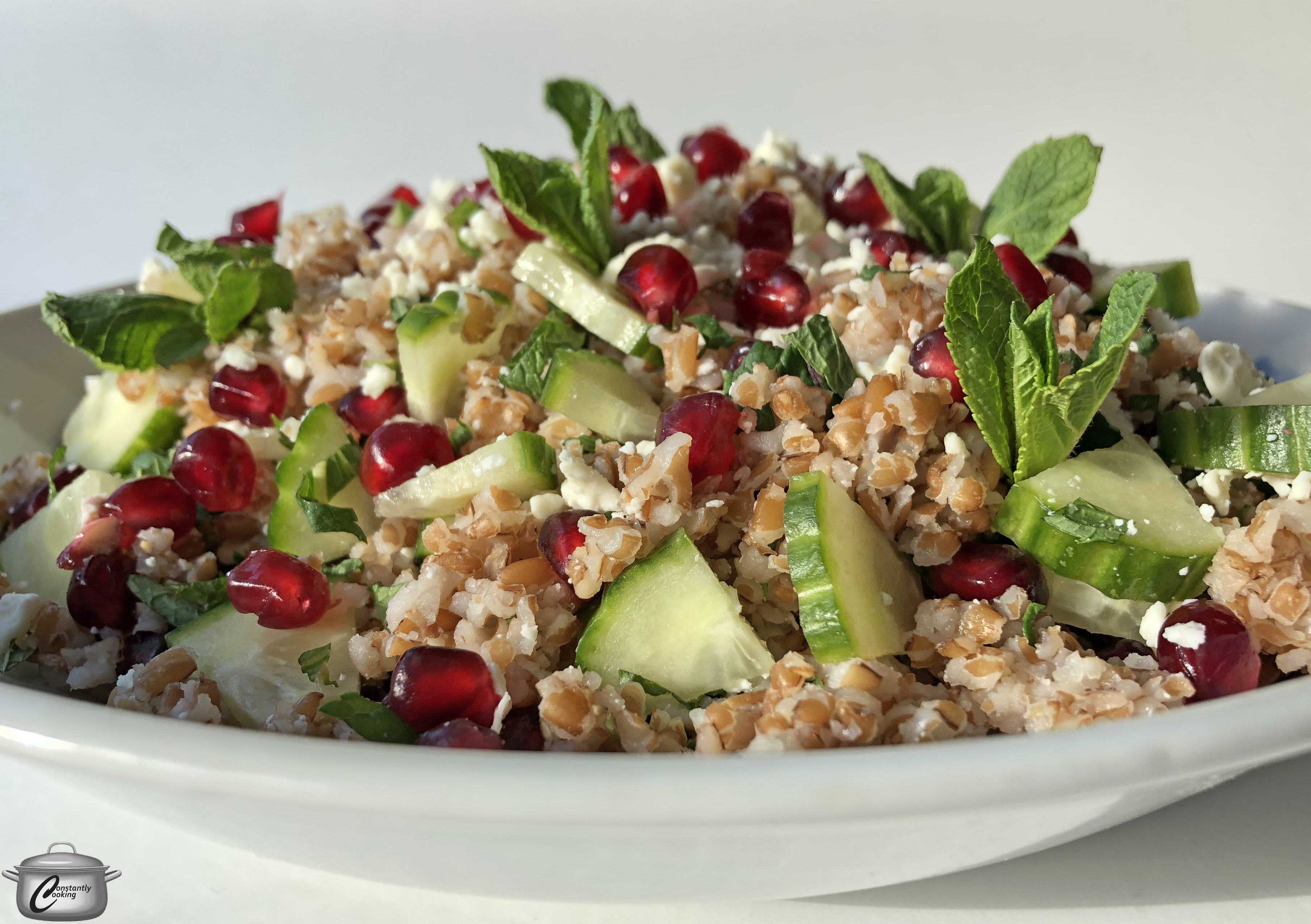 Colourful, delicious and nutritious, this cracked wheat salad with pomegranate, mint and cucumbers is easy to prepare.