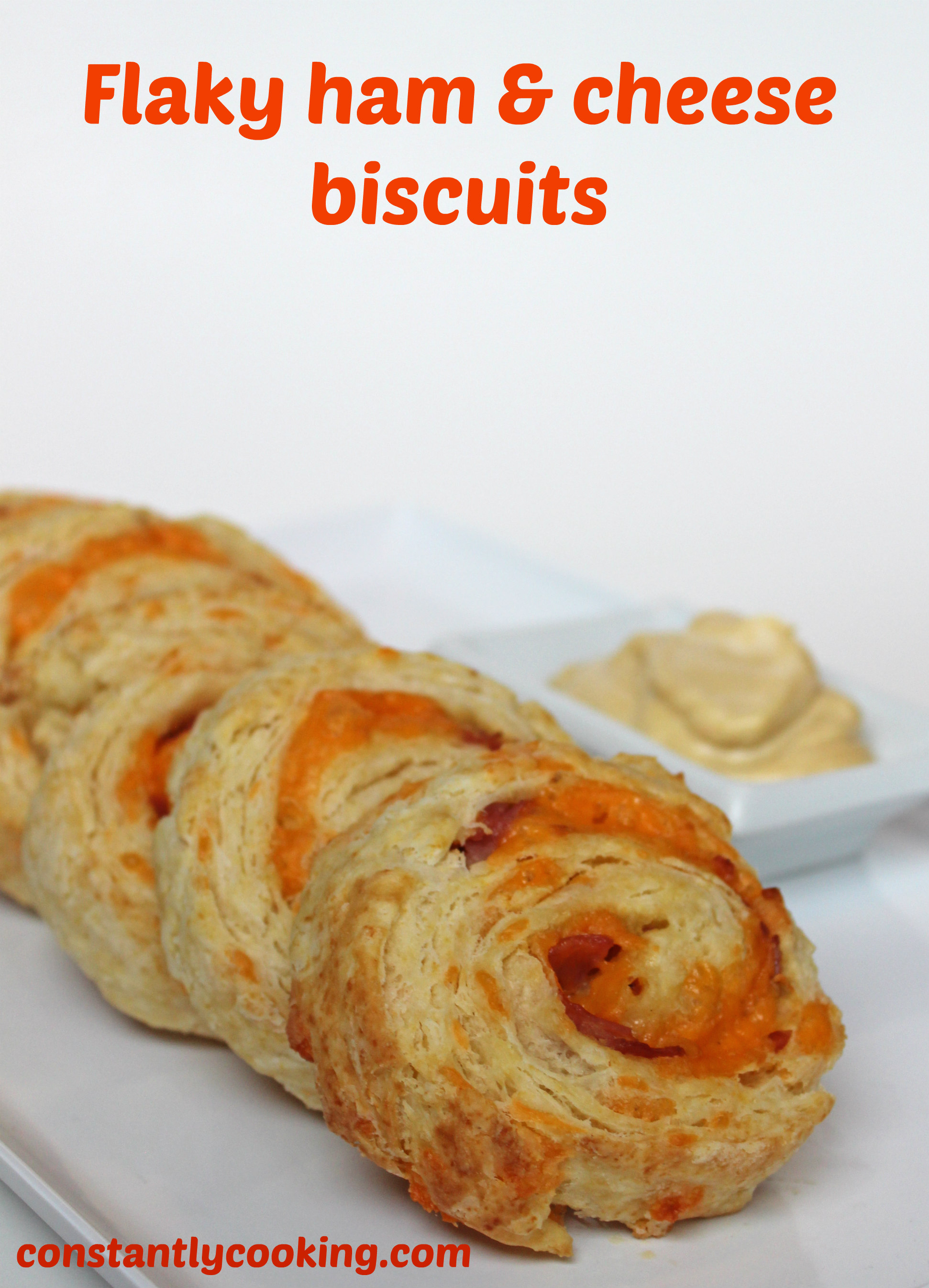 Buttery, flaky biscuit dough rolled up around a ham and cheese filling