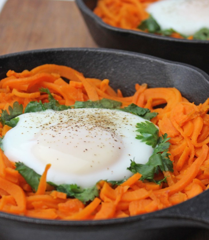 a crispy sweet potato 'nest' topped with a perfectly-cooked egg