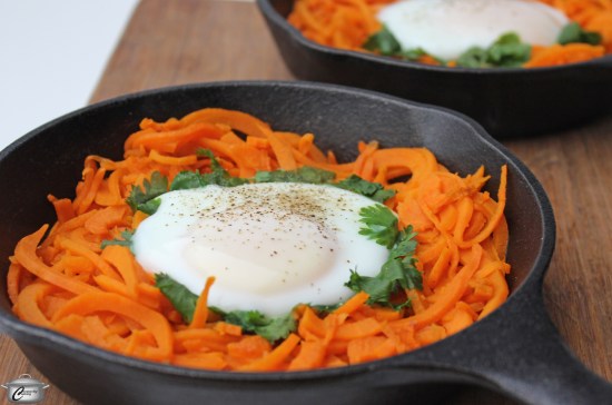 a crispy sweet potato 'nest' topped with a perfectly-cooked egg