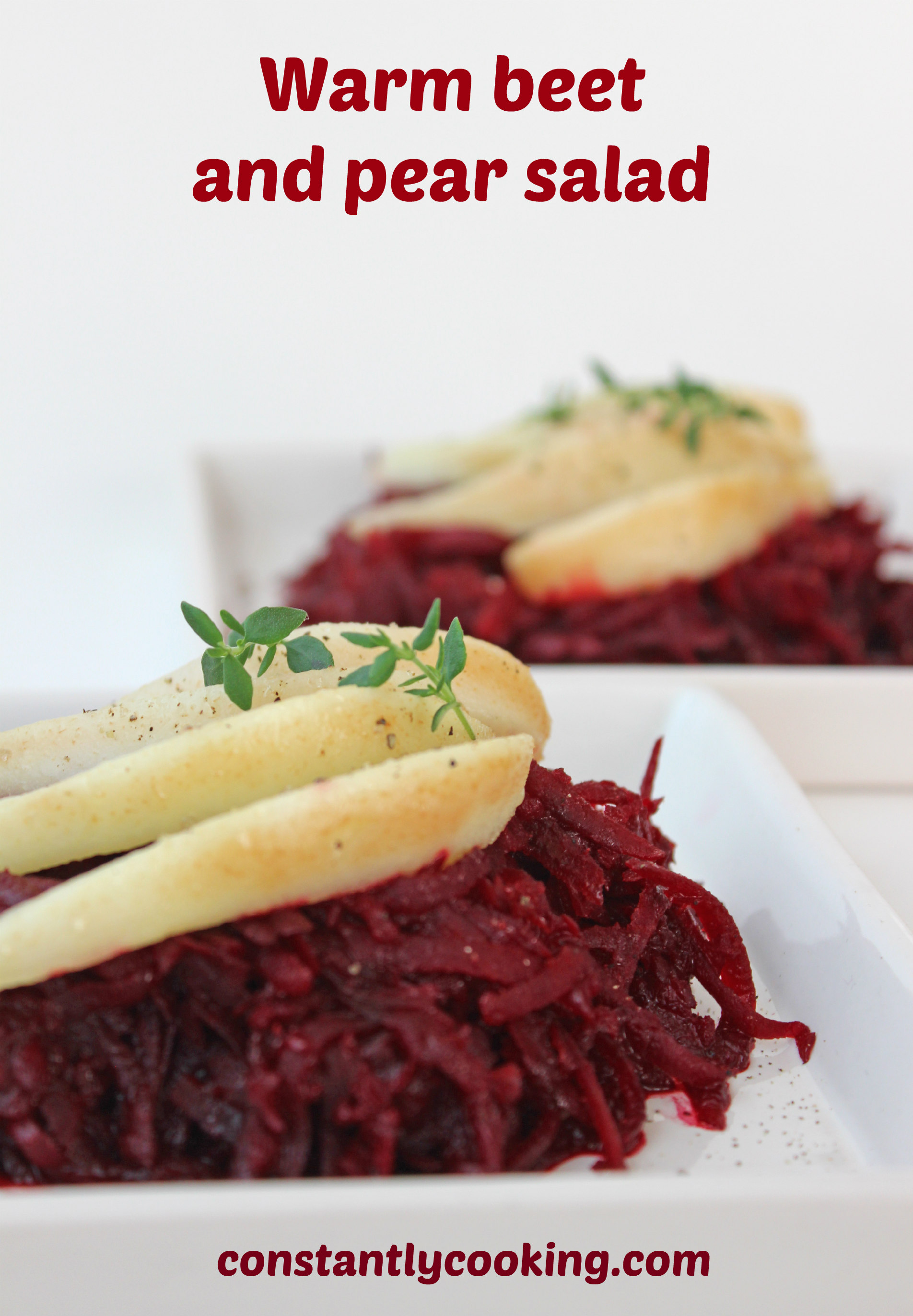 sauteed beets with a little balsamic, topped with warm sauteed pear slices makes for an easy, elegant appetizer.