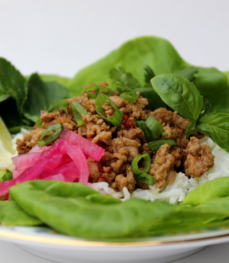 seasoned ground meat served with fresh herbs and pickled onions